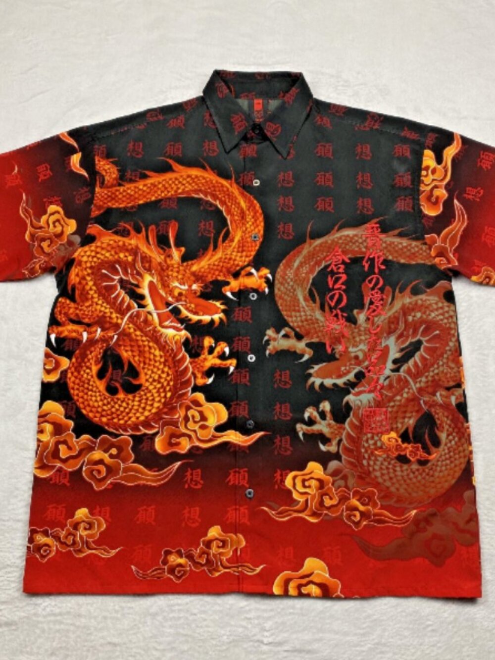Men's Black/Red/Orange Dragon Graphic Satin Polyester Button-Up Shirt M - Taiga